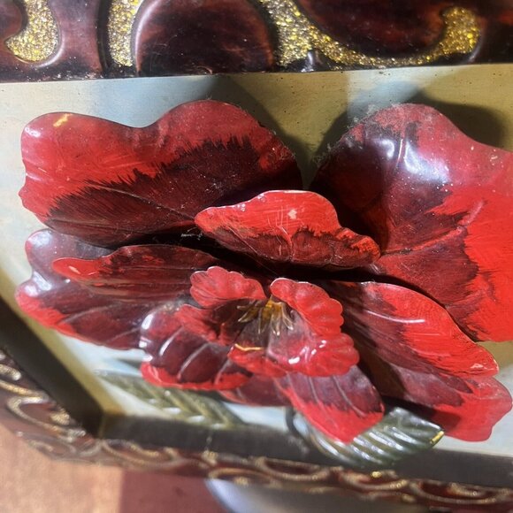 Large Bronze Metal Red Floral Wall Art Enamel Modern Leaf Country Decor 20"x20" - Picture 4 of 7